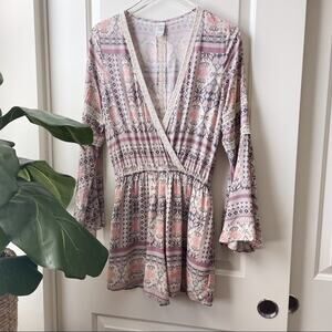 L*Space Boho Bell Sleeve Romper Purple Pink Beige Medium